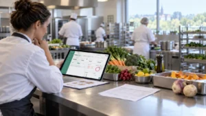 Responsable de restauration collective analysant le coût matière d’un repas sur une tablette en cuisine centrale