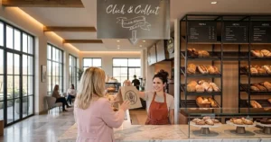 Vendeuse de boulangerie souriante tendant un sac de commande Click and Collect au comptoir de retrait à une cliente.