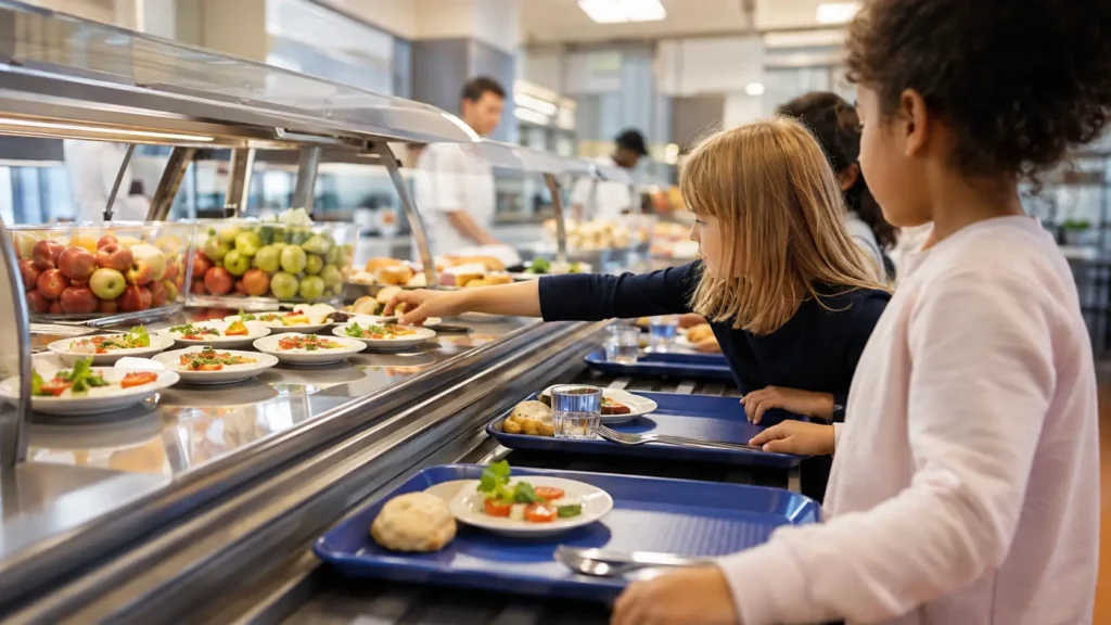 Enfants au self d’une cantine scolaire en restauration collective dans le cadre d’un marché public