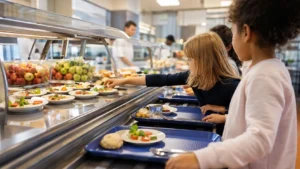 Enfants au self d’une cantine scolaire en restauration collective dans le cadre d’un marché public