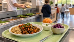 Menu végétarien équilibré servi dans une cantine scolaire à la rentrée