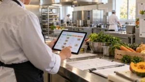 Responsable de restauration scolaire consultant un planning de menus sur une tablette dans une cuisine collective