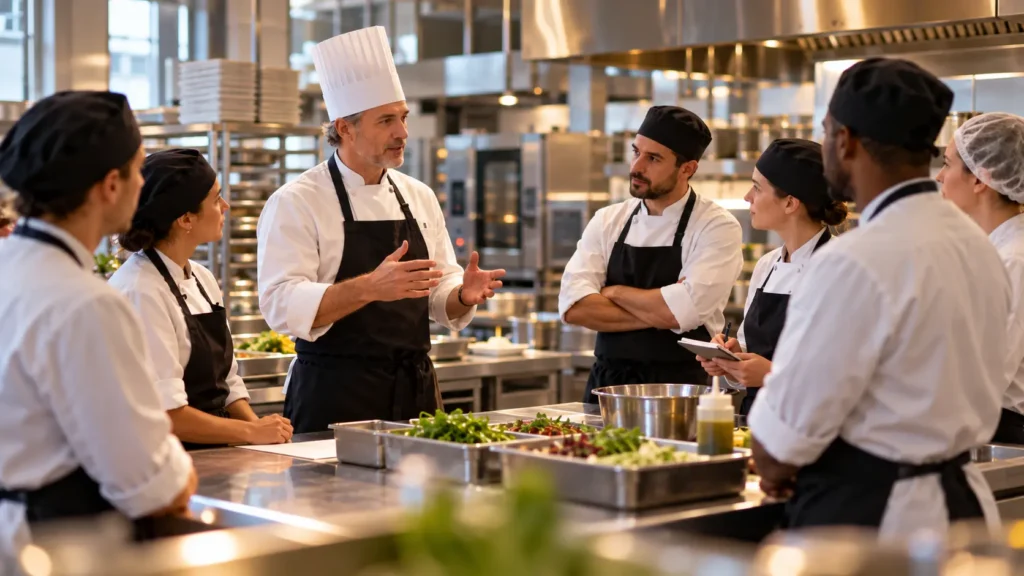 Responsable de restauration collective vérifiant l’origine et les achats de produits alimentaires dans une cuisine publique.